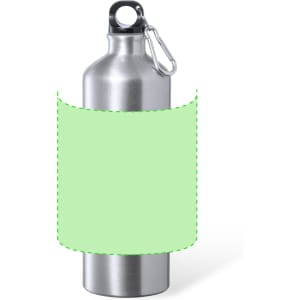 A drink bottle in silver stainless steel with a green placeholder for custom designs and a carabiner attachment.