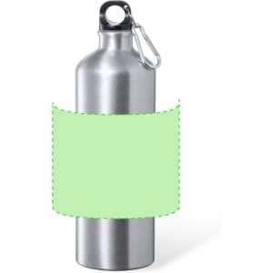 A drink bottle in silver metal featuring a green label and a carabiner at the top.