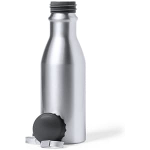 A drink bottle in shiny silver metal with a black screw cap and a ring attachment. Features a logo on the body.