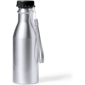 A drink bottle in a sleek silver finish with a black lid and attached strap, featuring a logo.