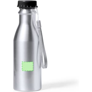 A drink bottle in shiny silver metal with a black lid and a grey strap, featuring an empty space for branding.