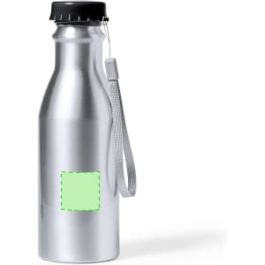 A drink bottle in stainless steel with a black lid and a loop handle, featuring a blank area for branding.