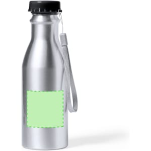 A drink bottle with a stainless steel finish, featuring a black lid and a strap, and a blank space for custom branding.
