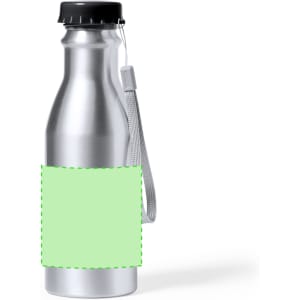 A drink bottle in silver metal with a black lid and a grey strap, featuring a blank green section.