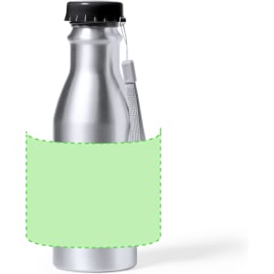A drink bottle in silver with a black lid and a textured grip area. It features a branding logo.