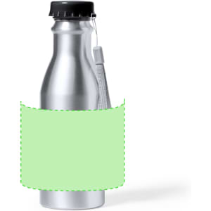 A drink bottle with a stainless steel finish and a black cap, featuring a grey carrying loop.