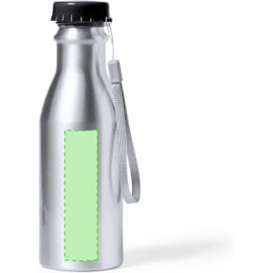 A drink bottle featuring a sleek silver design with a black lid and a grey carrying strap. It has a blank area for branding.