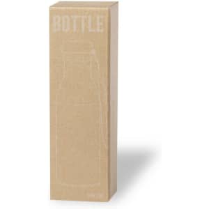 A drink bottle in a simple, unlabelled cardboard box. The bottle features an elegant design with a logo.