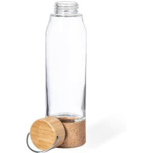 A drink bottle made of clear glass with a wooden cork base and a metal ring. Simple and minimalist design.
