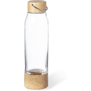 A drink bottle made of clear glass with a cork base and a bamboo lid, featuring a metal loop.
