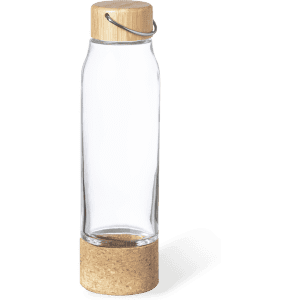 A drink bottle with a clear glass body, natural bamboo cap, and a cork base. It features a simple design.