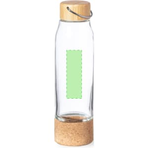 A drink bottle in clear glass with a cork base and a bamboo lid. It features a logo or branding.