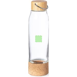 A drink bottle made of clear glass with a cork base and a bamboo lid. It features a logo.