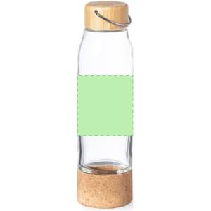A drink bottle made of clear glass with a cork base and a wooden lid. It features a space for a label.
