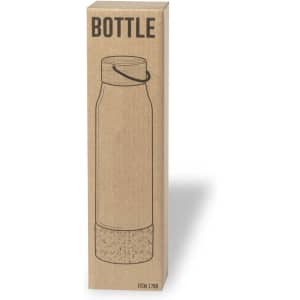 A drink bottle in a cardboard box, featuring a sleek design with a cork base and a black strap.