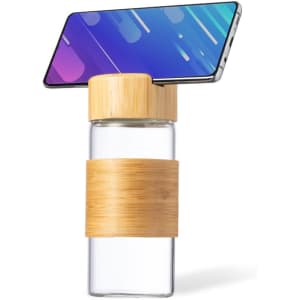 A drink bottle with a transparent body and a bamboo band, featuring a phone holder on the lid.