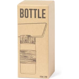 A drink bottle displayed in a cardboard box with a wood-textured band. Features a simple design and a logo.