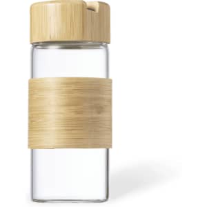 A drink bottle with a transparent glass body and a bamboo lid and band around the centre.