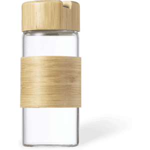 A drink bottle made of clear glass with a bamboo lid and a bamboo sleeve for grip.