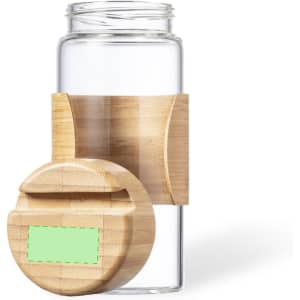 A drink bottle made of clear glass with a bamboo lid and a bamboo holder.