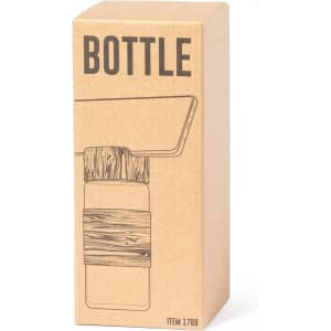 A drink bottle in a cardboard box with a wooden-style band, featuring a logo on the packaging.