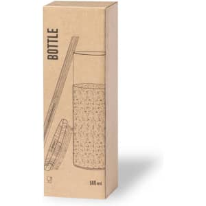 A transparent glass cup packaged in a brown cardboard box, featuring a cork lid and a stirrer.