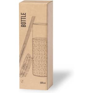 A transparent glass bottle in a brown cardboard packaging, featuring minimalist design elements.
