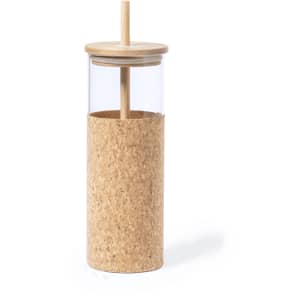 A drink bottle with a clear glass body, cork base, and wooden lid, featuring a straw.