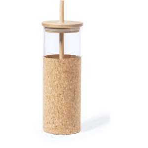 A glass drink bottle with a cork body, bamboo lid, and stirring stick, featuring a modern design.