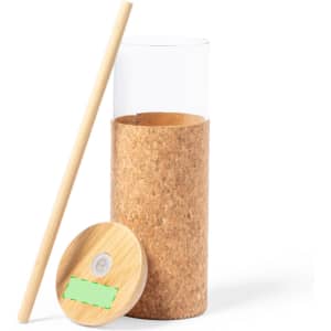 A drink bottle featuring a transparent glass body with a cork base, a wooden lid, and a straw.