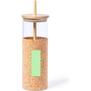 A glass drink bottle with a cork sleeve and bamboo lid, featuring a transparent straw.