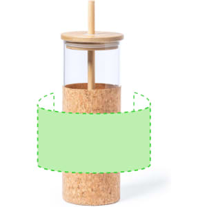 A glass tumbler with a cork base and a wooden lid, featuring a clear straw.
