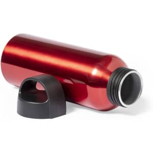 A drink bottle in shiny red metal with a black cap, featuring a smooth, cylindrical design.