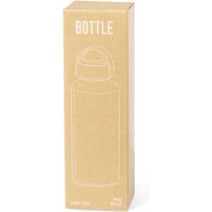 A drink bottle in red packaging, featuring a simple design and a cap. The box has a branded logo.