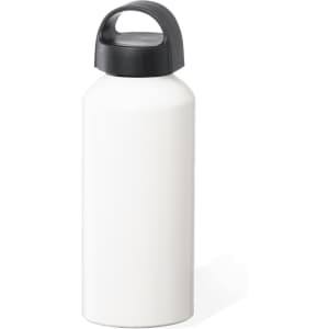 A drink bottle in white with a black lid and a handle, featuring a logo.