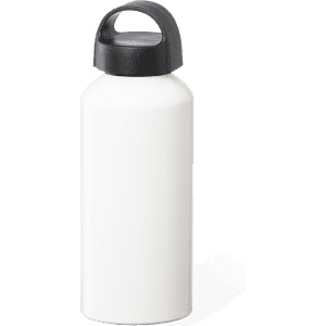A drink bottle in white with a black lid, featuring a handle and a simple design.