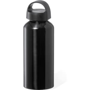 A drink bottle in a sleek black finish with a handle and a screw-top lid. It features a logo on the side.