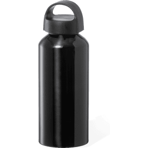 A drink bottle in black with a handle and a sleek, glossy finish. It features a logo on the front.