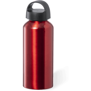 A drink bottle in shiny red with a black handle and lid, featuring a simple design and a logo.
