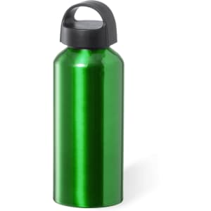 A drink bottle with a shiny green body and a black handle, featuring a logo on its surface.