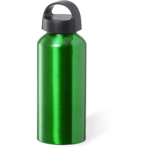 A drink bottle in vibrant green with a black lid and handle, featuring a logo.