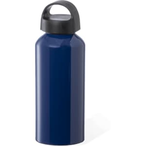 A drink bottle in navy blue with a black lid and handle, featuring a logo.