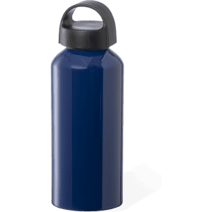 A drink bottle in navy blue with a black handle and a sleek design, featuring a logo.