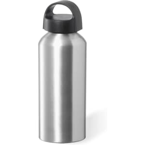 A drink bottle in stainless steel with a black lid and a handle. It features a sleek, modern design.