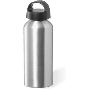 A drink bottle in silver stainless steel with a black handle and a sleek, modern design. Features a logo.