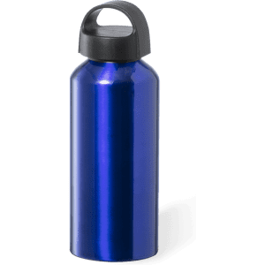 A drink bottle in shiny blue with a black cap and a built-in handle, featuring a logo.