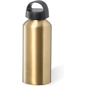 A drink bottle in metallic gold with a black lid and a handle, featuring a smooth, shiny surface.
