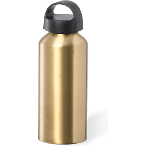A drink bottle in a shiny gold finish with a black cap and handle, featuring a logo on the side.