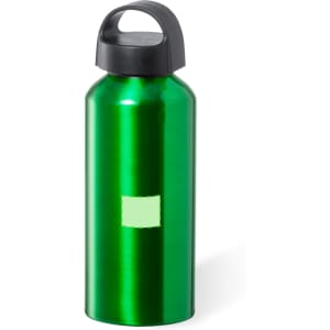A drink bottle featuring a sleek green metallic finish and a black cap, with a logo on the side.
