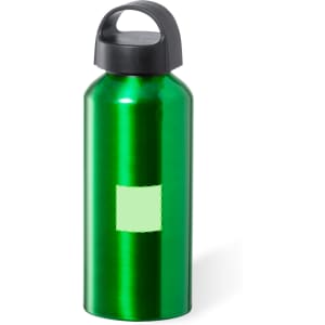 A drink bottle featuring a sleek green, metallic finish and a black lid, with a space for branding.
